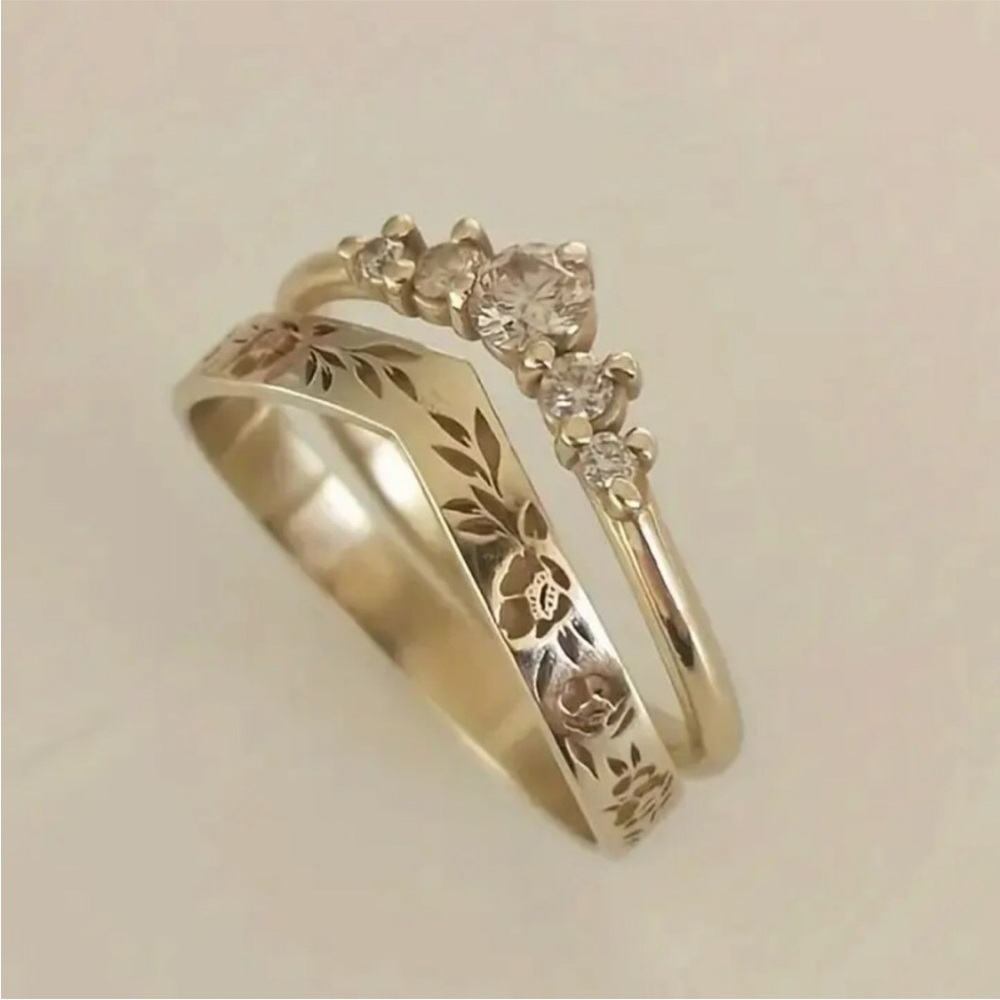 Gold Floral Engraved Band with Cubic Zirconia Accent Ring Set